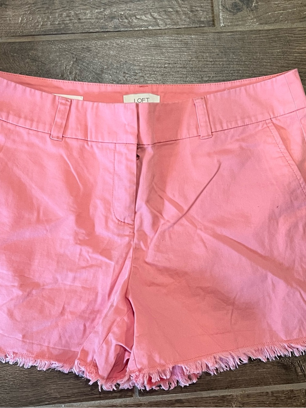 LOFT Coral Pink Frayed-Hem Cotton Blend Shorts